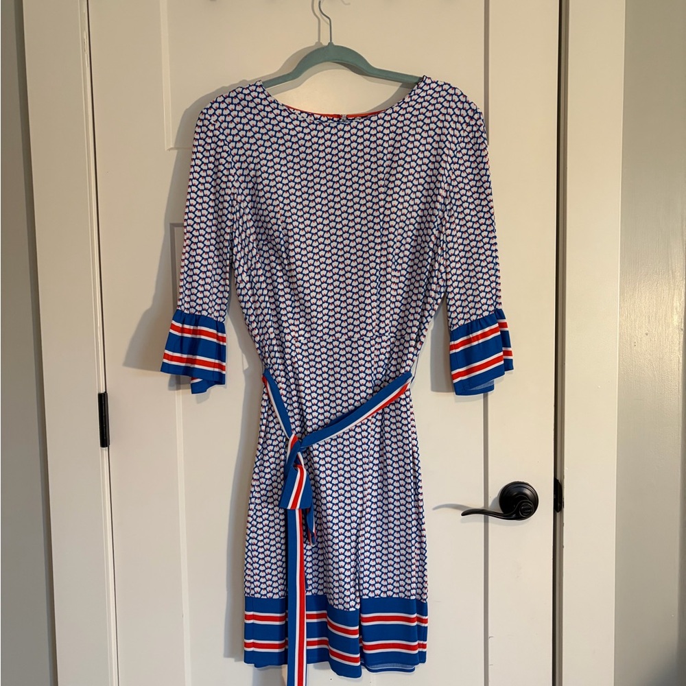 Boden Blue and Red Geometric Long Sleeve Dress